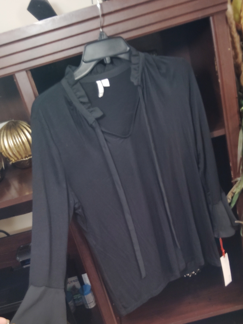 Elle Black Ruffled Tie-Neck Blouse
